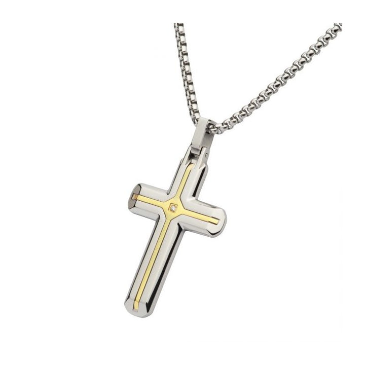 INOX Jewelry 18Kt Gold IP Stainless Steel Two Tone Lab-Grown Diamond Cross Pendant with Box Chain