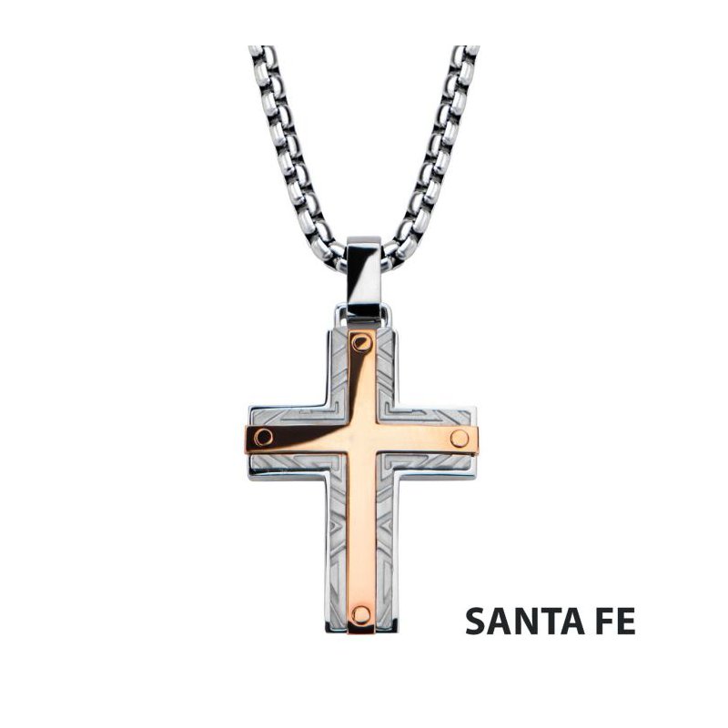 INOX Jewelry Rose Gold IP Bar Accent with Gray Steel Labyrintine Coin Stamped Pattern Cross Pendant with Steel Box Chain
