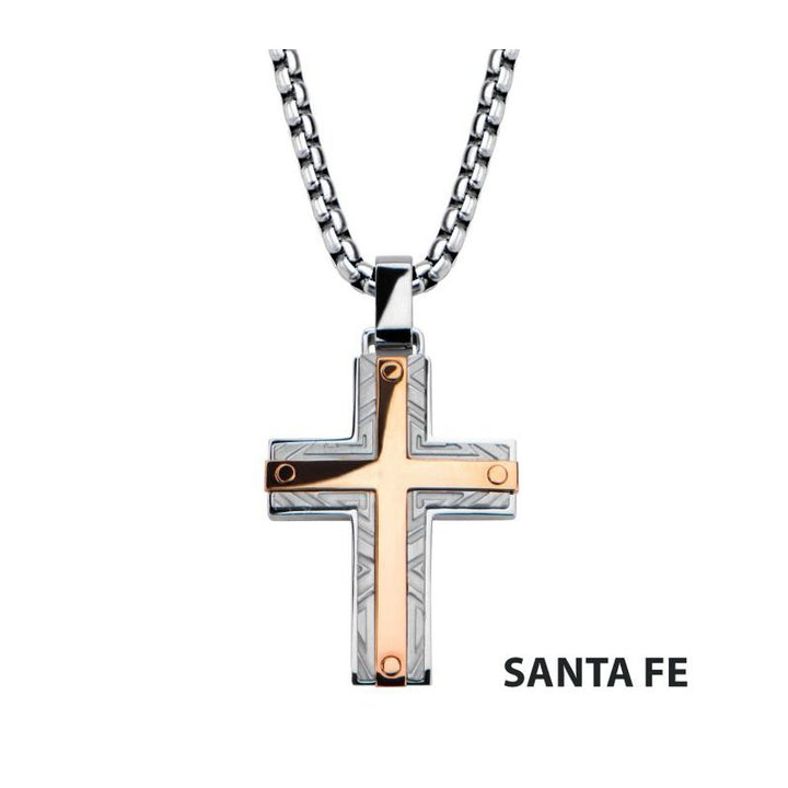 INOX Jewelry Rose Gold IP Bar Accent with Gray Steel Labyrintine Coin Stamped Pattern Cross Pendant with Steel Box Chain