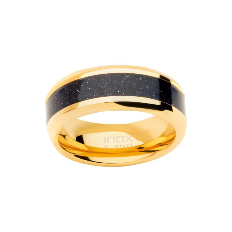 INOX Jewelry 18K Gold IP Genuine Blue Sandstone Inlay Ring