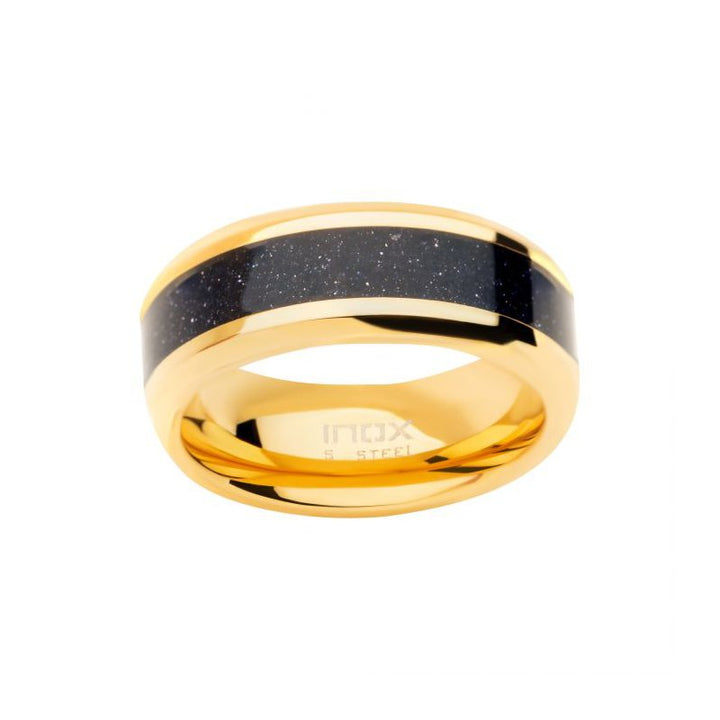 INOX Jewelry 18K Gold IP Genuine Blue Sandstone Inlay Ring