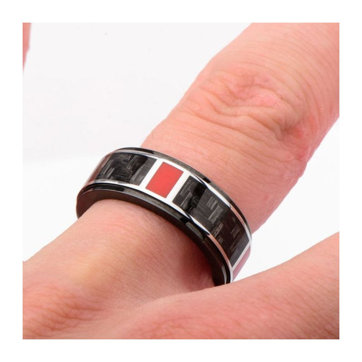 INOX Jewelry Polished Finish Black IP with a dash of red Carbon Fiber Weave Pattern Ring