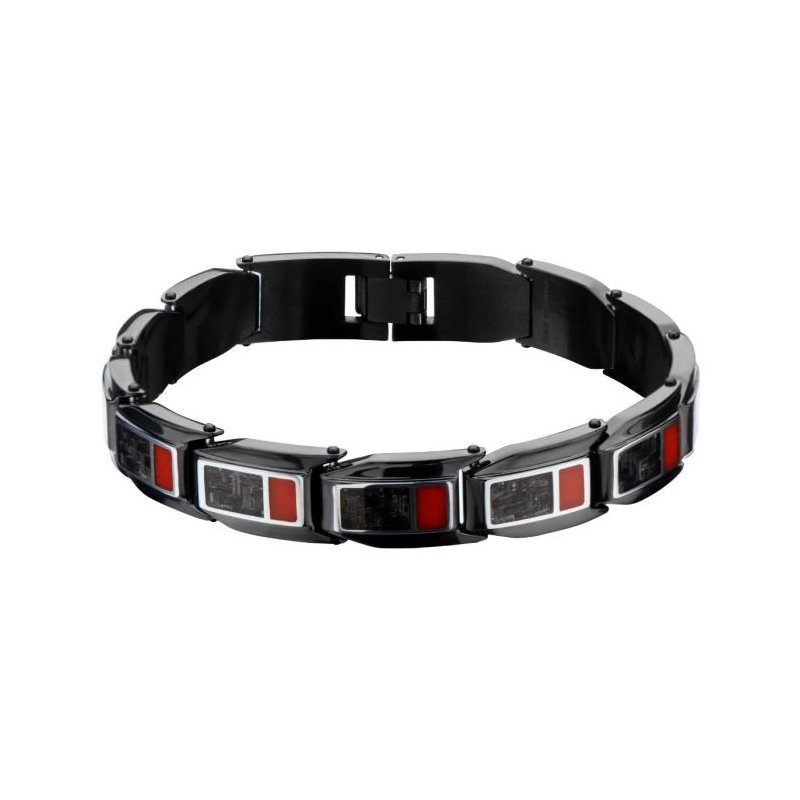 INOX Jewelry Polished Finish Black IP with a dash of red Carbon Fiber Weave Pattern Ring