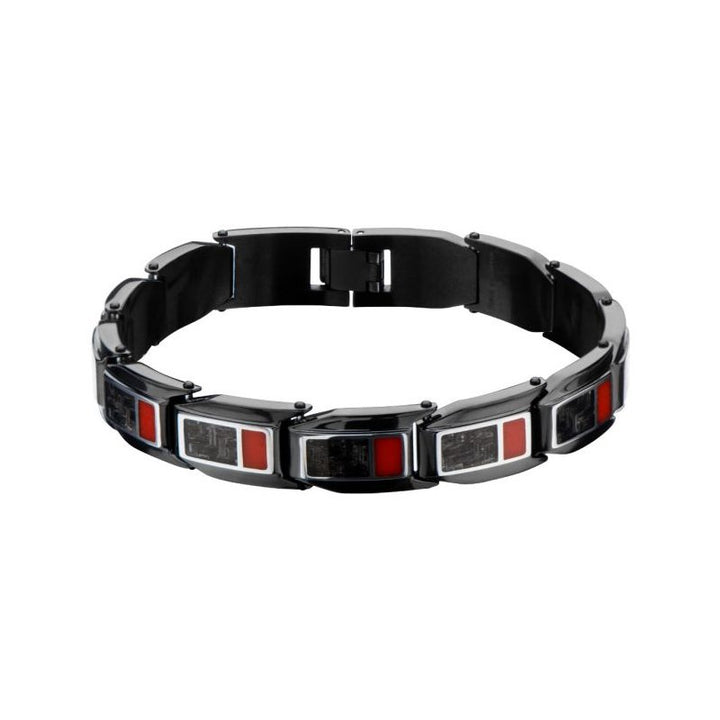 INOX Jewelry Polished Finish Black IP with a dash of red Carbon Fiber Weave Pattern Ring
