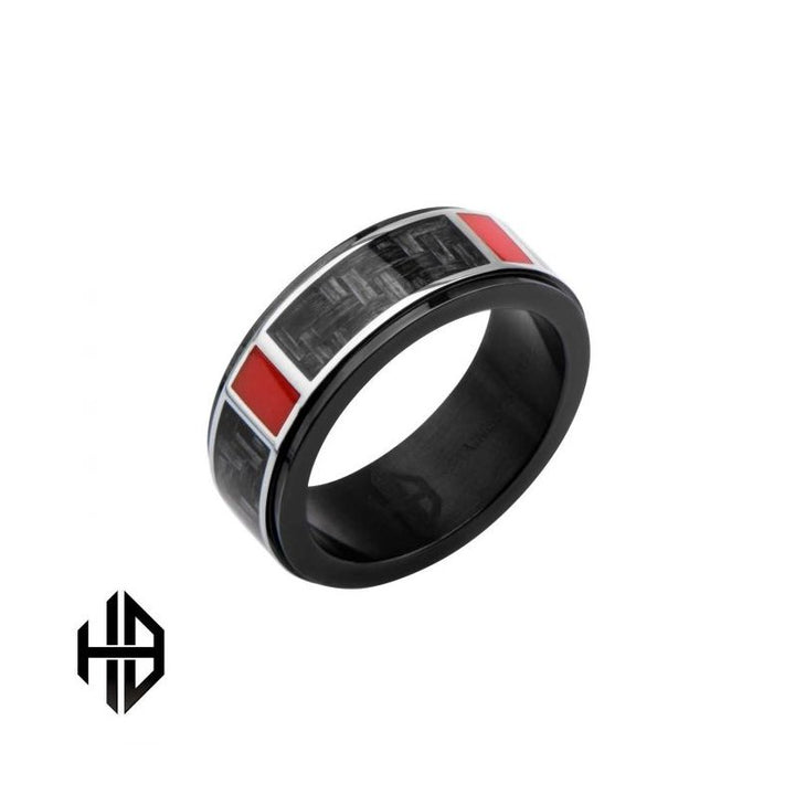 INOX Jewelry Polished Finish Black IP with a dash of red Carbon Fiber Weave Pattern Ring