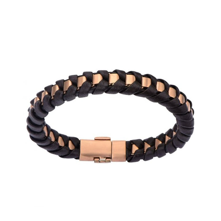 INOX Jewelry Rose Gold IP Matte Finished with Brown Leather Thread Bracelet BRRALT7