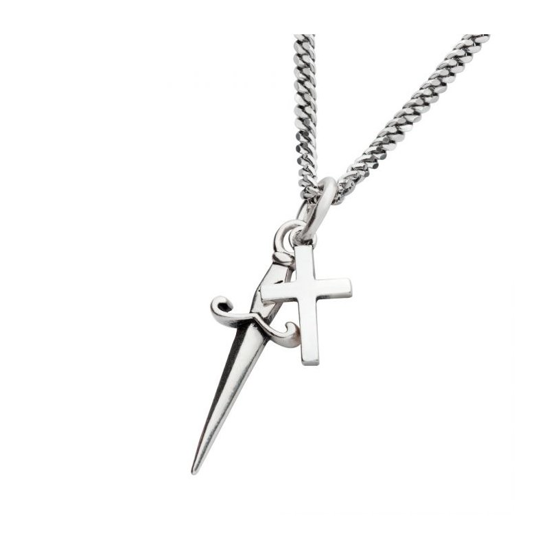 INOX Jewelry 925 Silver Oxidized Dagger & Cross Duo Pendant with Curb Chain