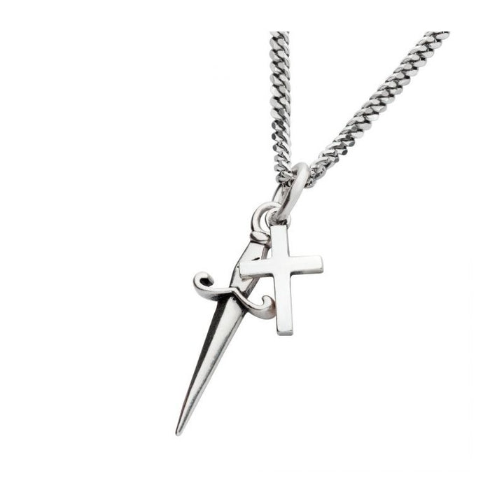 INOX Jewelry 925 Silver Oxidized Dagger & Cross Duo Pendant with Curb Chain